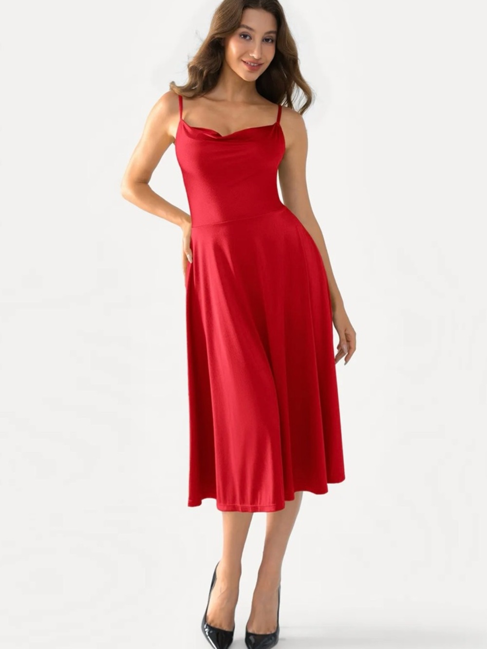 Red Cowl Neck Slip Dress with Spaghetti Straps